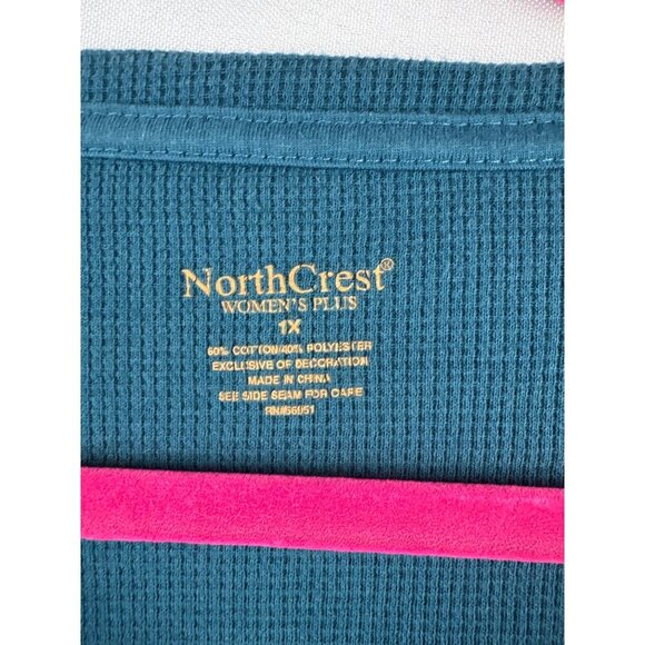 NorthCrest Womens Plus Size 1X Teal Long Sleeve Top With Lace Detail - Picture 3 of 4